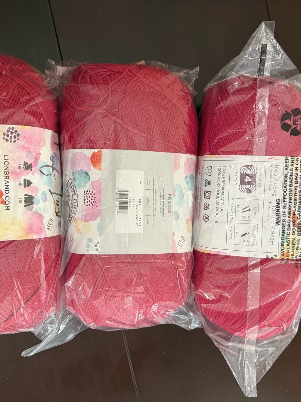 Lion Brand Soft Pink (Cerise) Acrylic Yarn - 4 Skeins